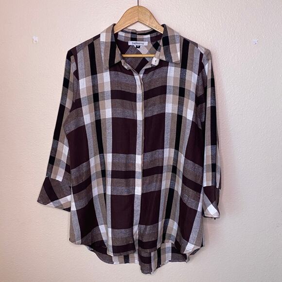 Bellissima Brown Tan Button Up Linen Blend Top M - Picture 1 of 11